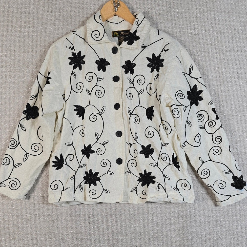Mirasol Cotton Linen Embroidered Floral Jacket Women's Sz M Cream Black Boho